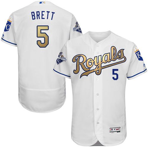 Royals #5 George Brett White 2015 World Series Champions Gold Program FlexBase Authentic Stitched MLB Jersey - Click Image to Close